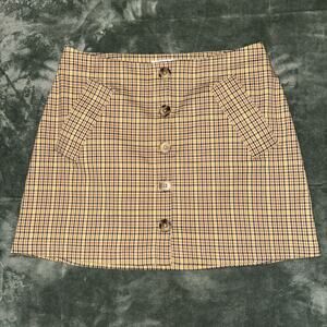 Urban Outfitters Mini Skirt Womens Medium Tan Plaid With Pockets Button Front